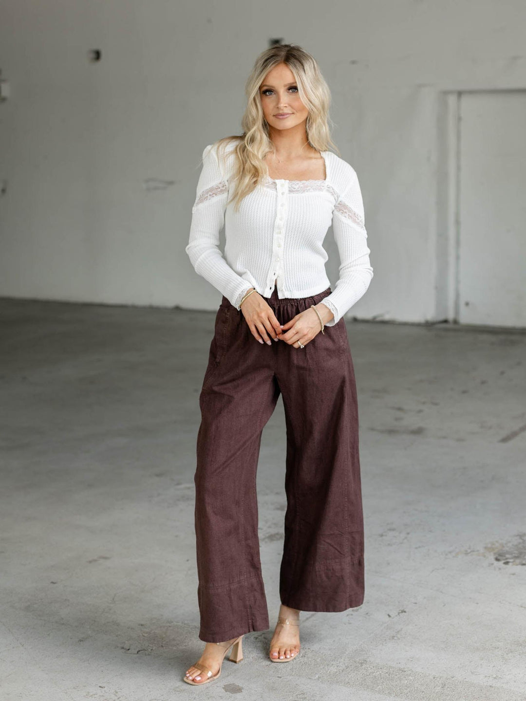 pull on wide leg cream linen pants