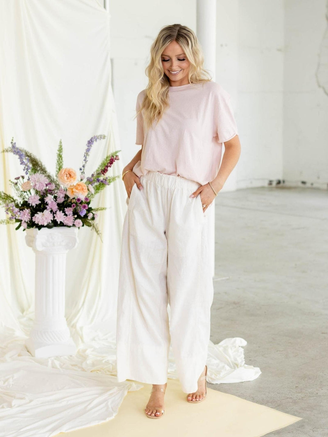 pull on wide leg cream linen pants