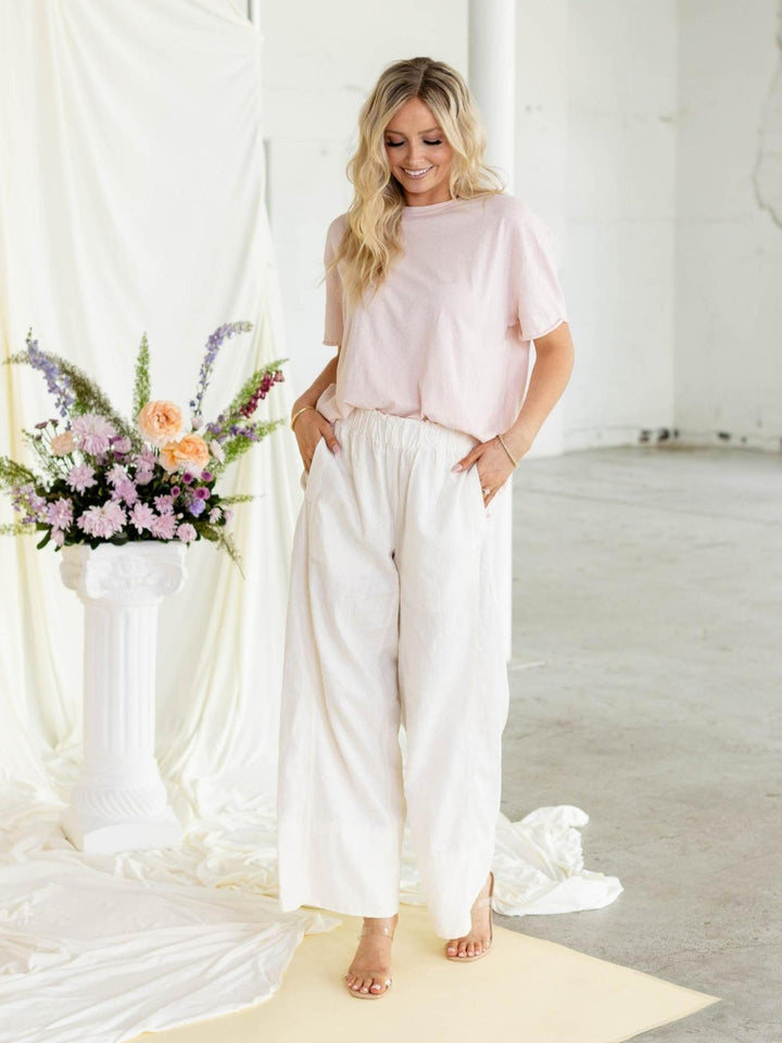 pull on wide leg cream linen pants