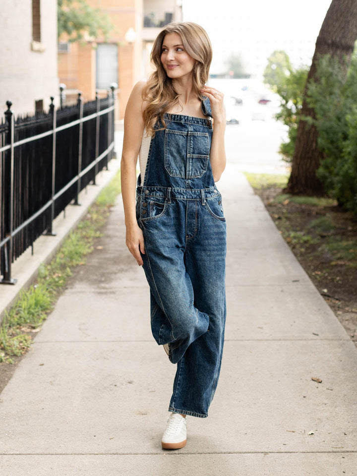 dark denim barrel overalls