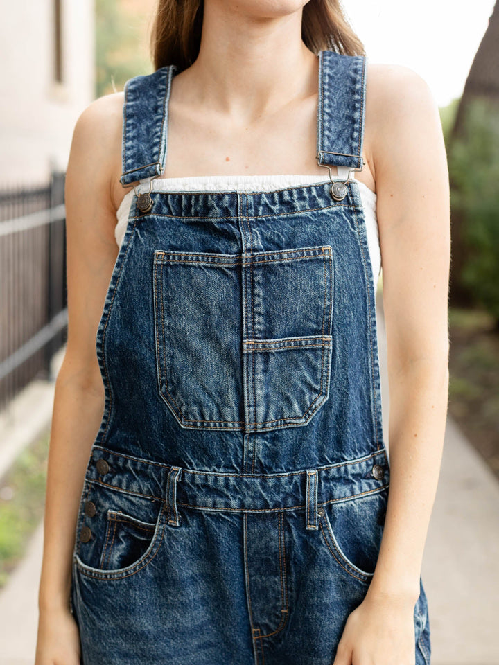 dark denim barrel overalls