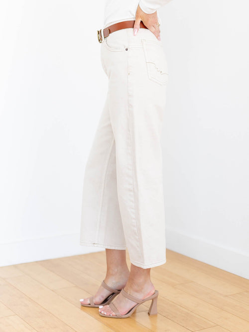 tan cropped barrel leg denim