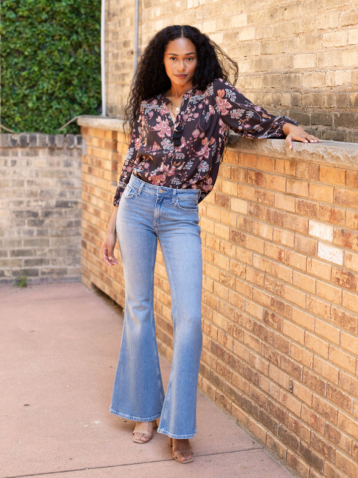 light medium wash extreme flared denim