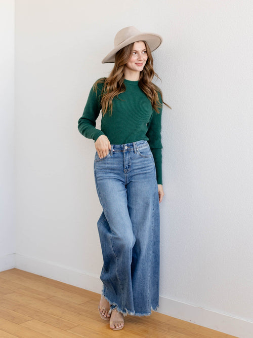 green ribbed fitted sweater