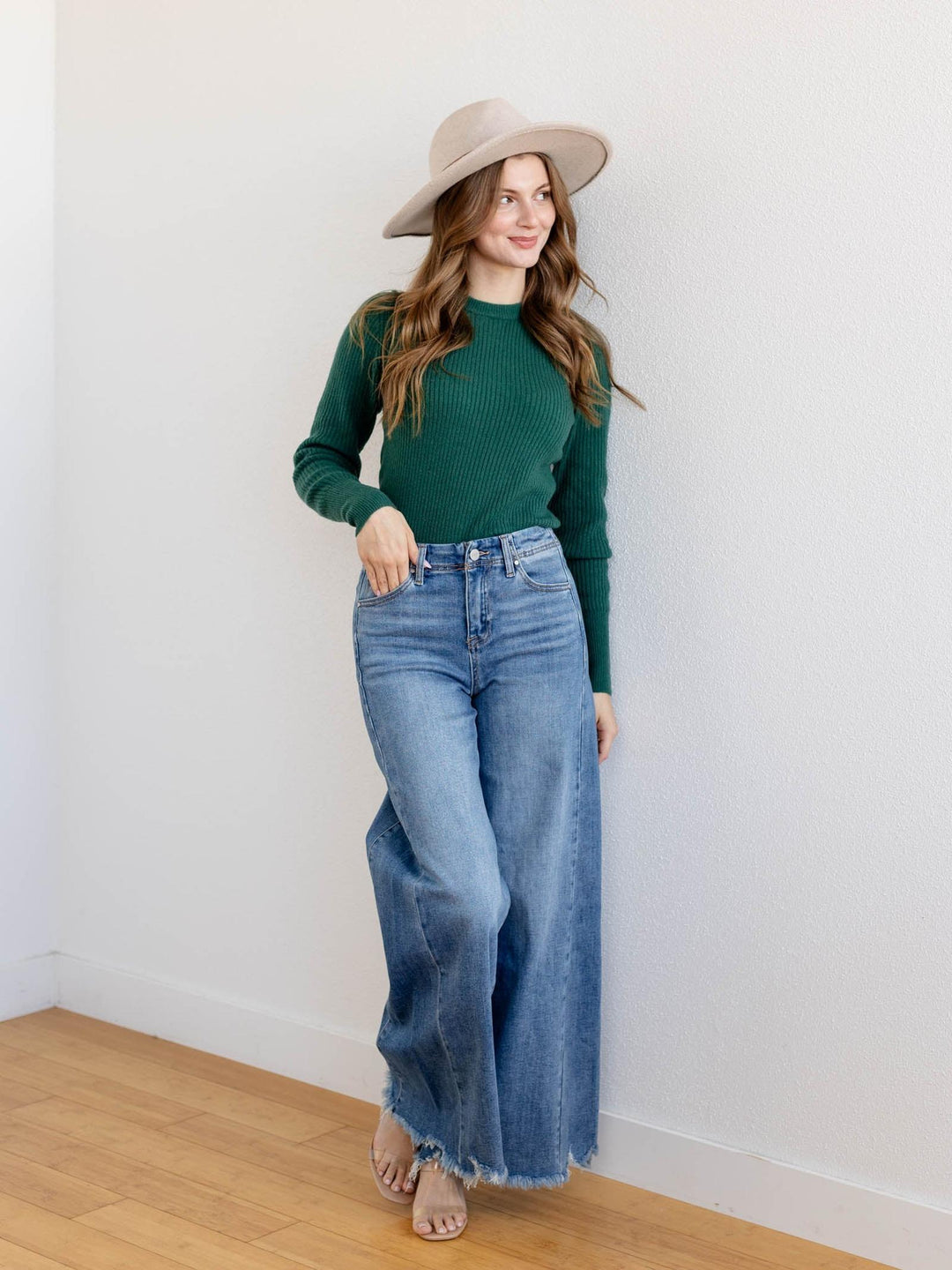 green ribbed fitted sweater