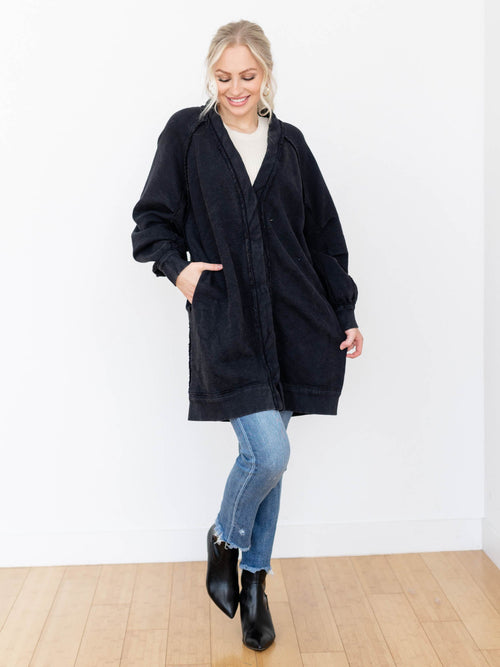 oversized long washed black cardigan