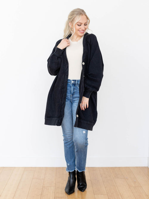 oversized long washed black cardigan