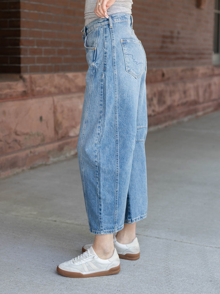 medium wash barrel jean