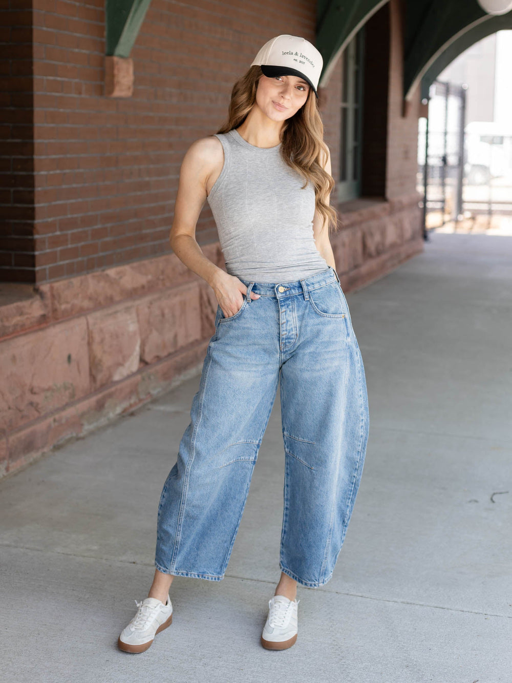 medium wash barrel jean