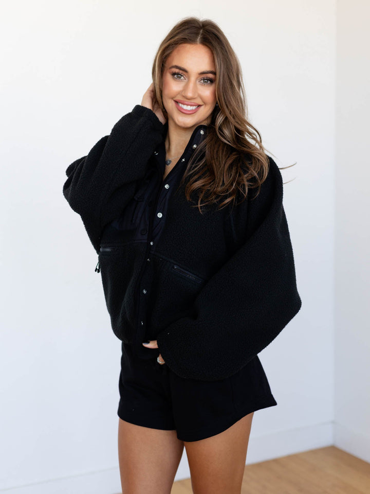 black button front sherpa teddy jacket