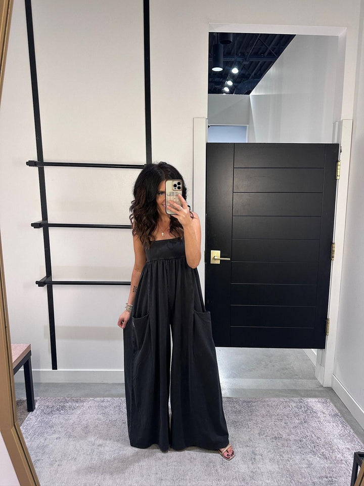washed black wide leg jumpsuit