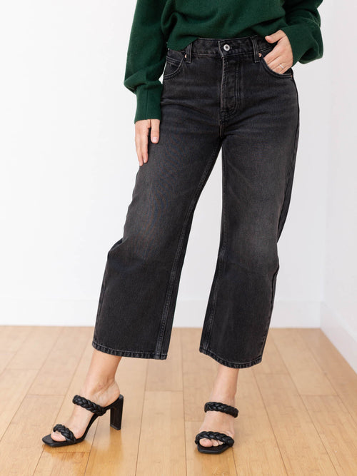 washed black cropped wide straight leg denim
