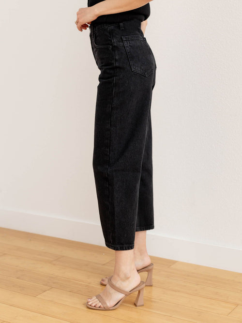 washed black wide leg barrel jeans