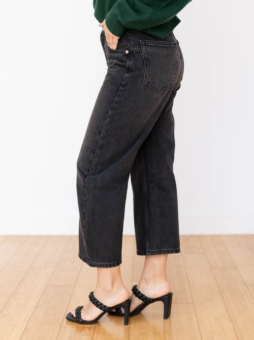 washed black cropped wide straight leg denim