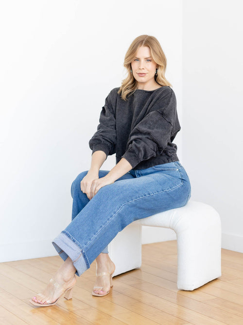 washed black boat neck drop sleeve pullover