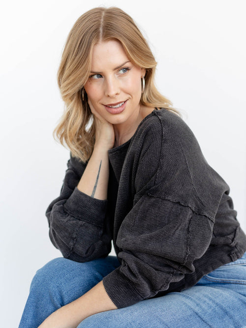 washed black boat neck drop sleeve pullover