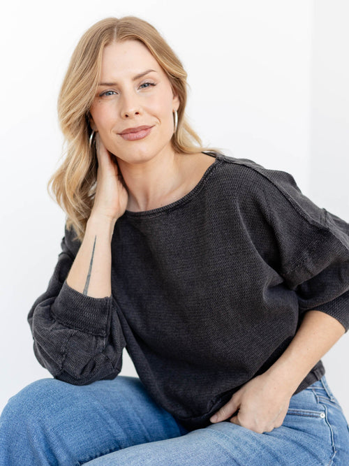 washed black boat neck drop sleeve pullover
