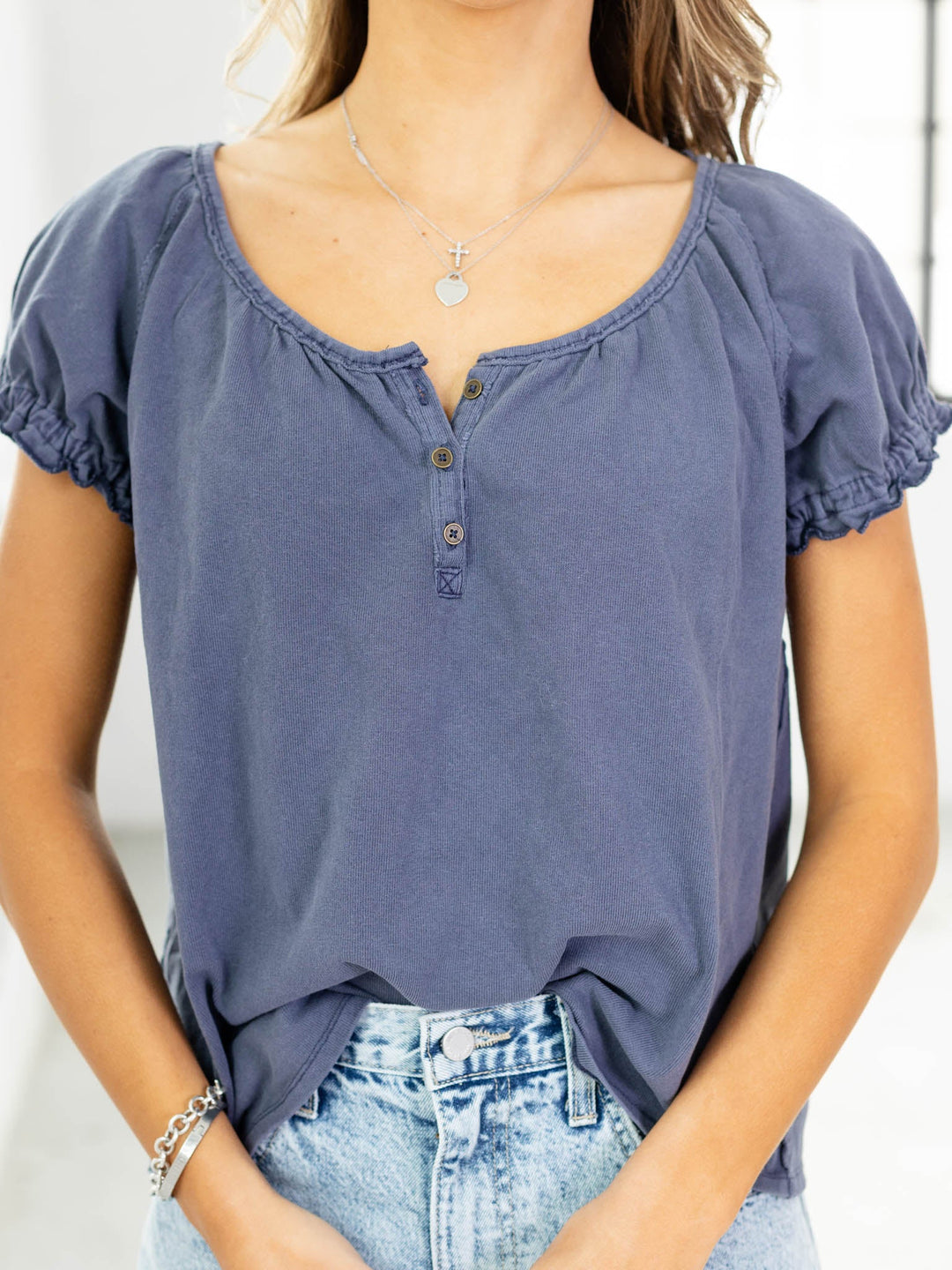 blue puff sleeve short sleeve