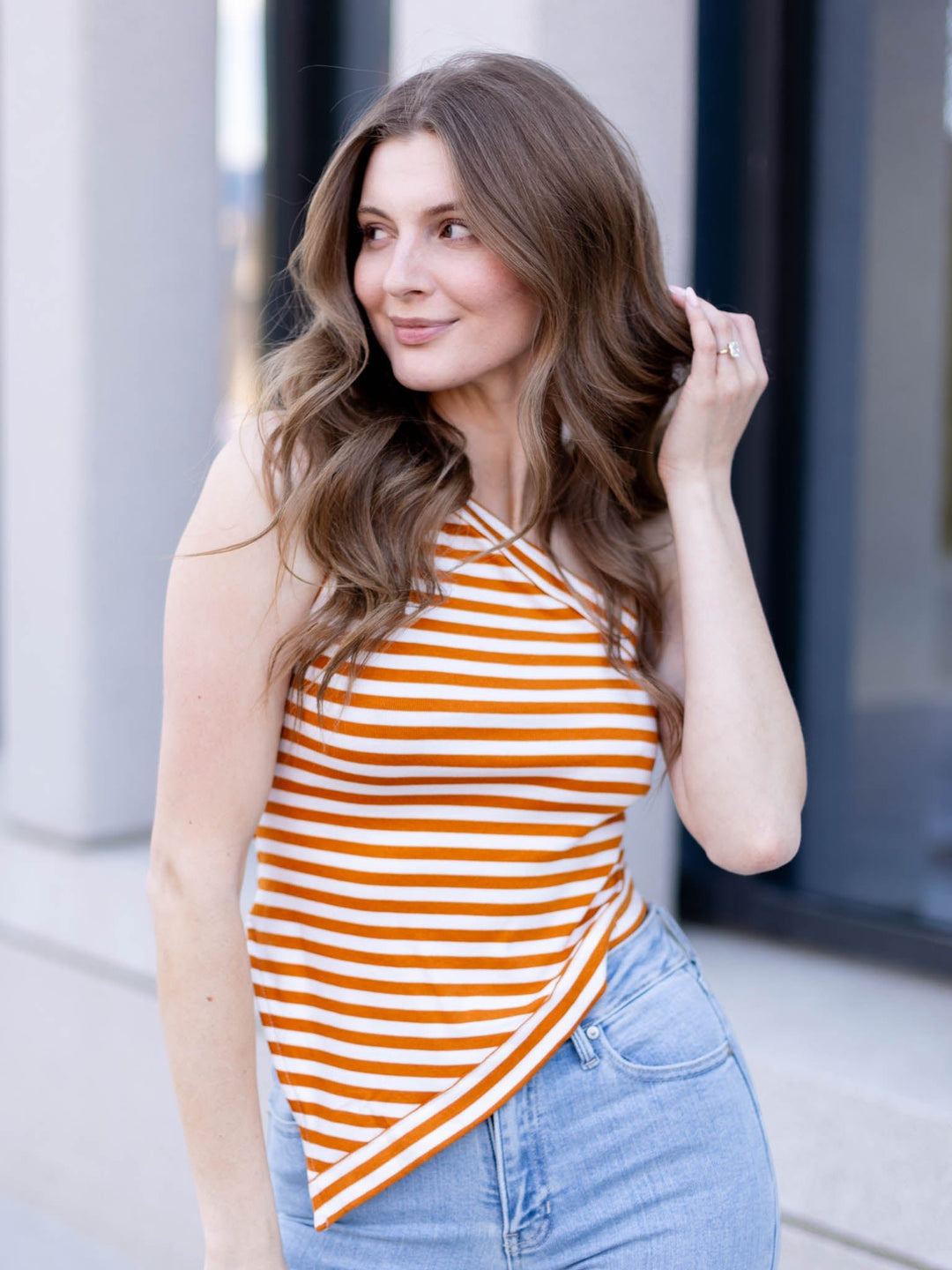 brown and white one shoulder tank