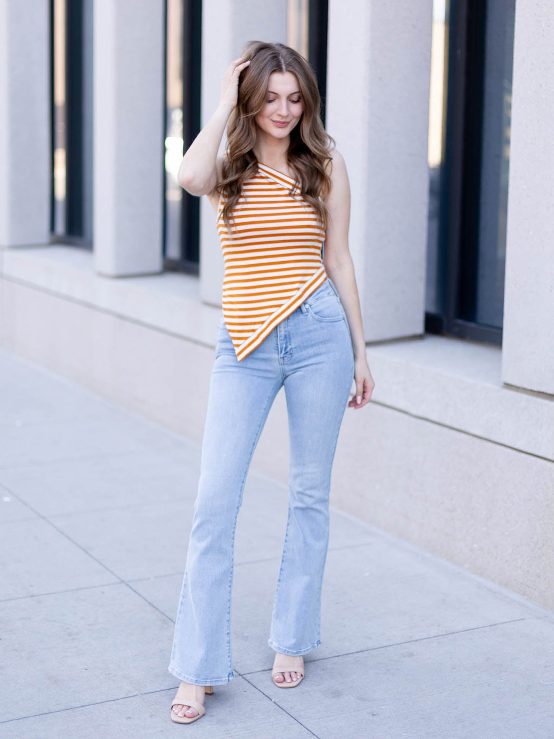 brown and white one shoulder tank