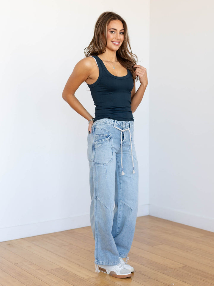 drawstring waist light wash jeans