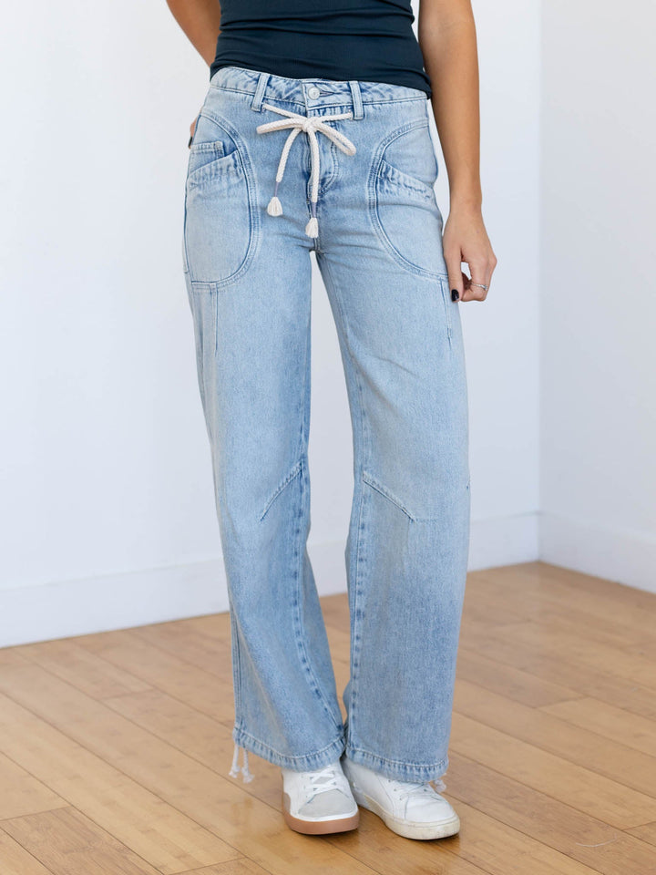 drawstring waist light wash jeans