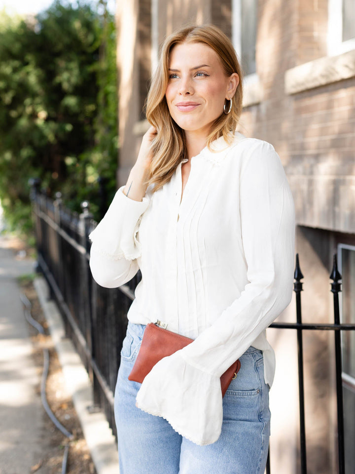 cream pleated tumpet sleeve blouse