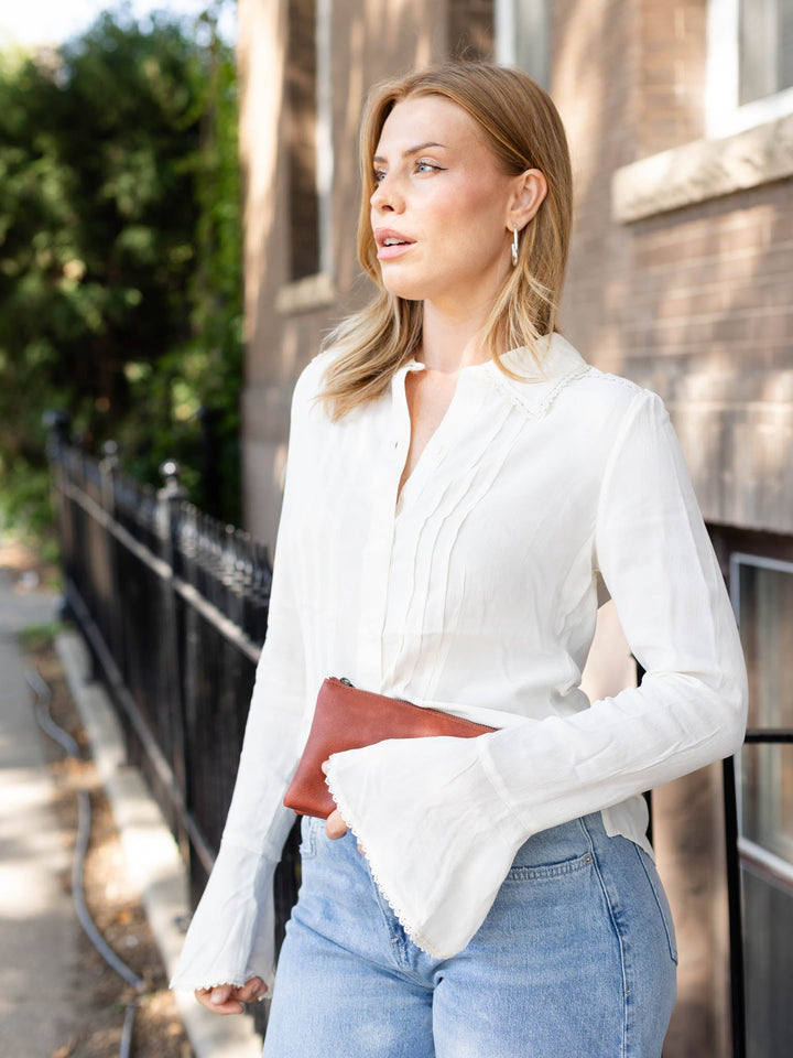 cream pleated tumpet sleeve blouse