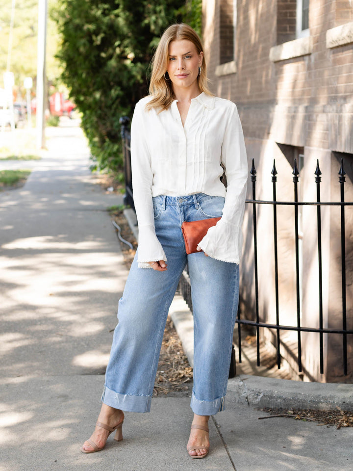 cream pleated tumpet sleeve blouse