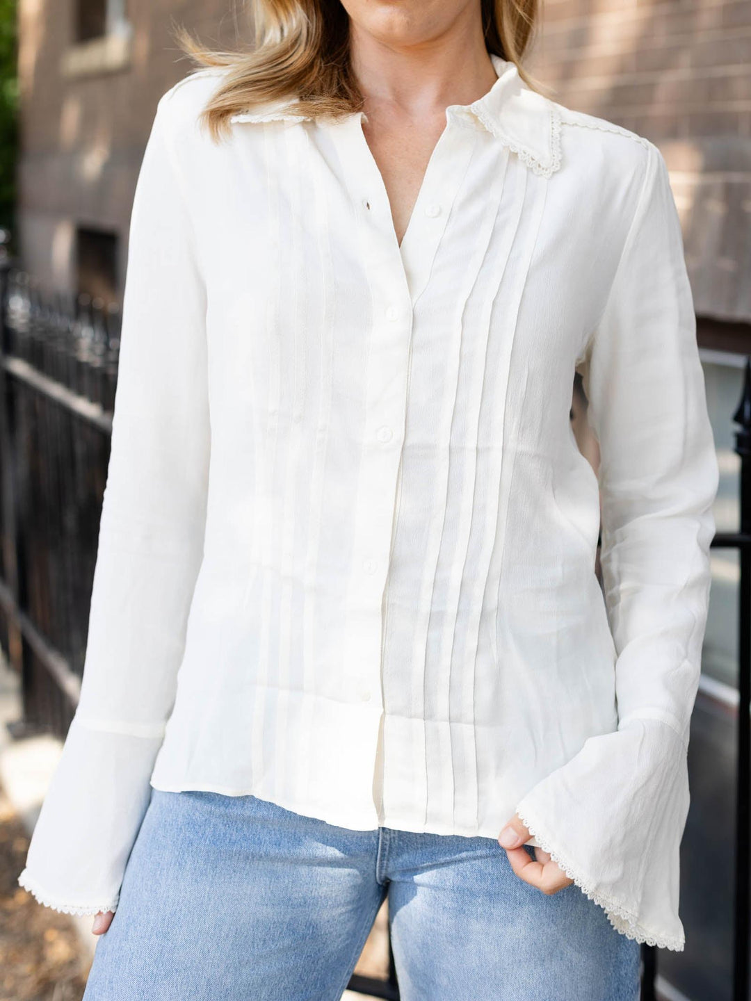 creamcream pleated tumpet sleeve blouse pleated tumpet sleeve blouse