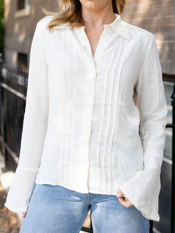 cream pleated tumpet sleeve blouse