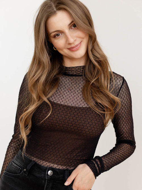 sheer black pattern fitted mesh top