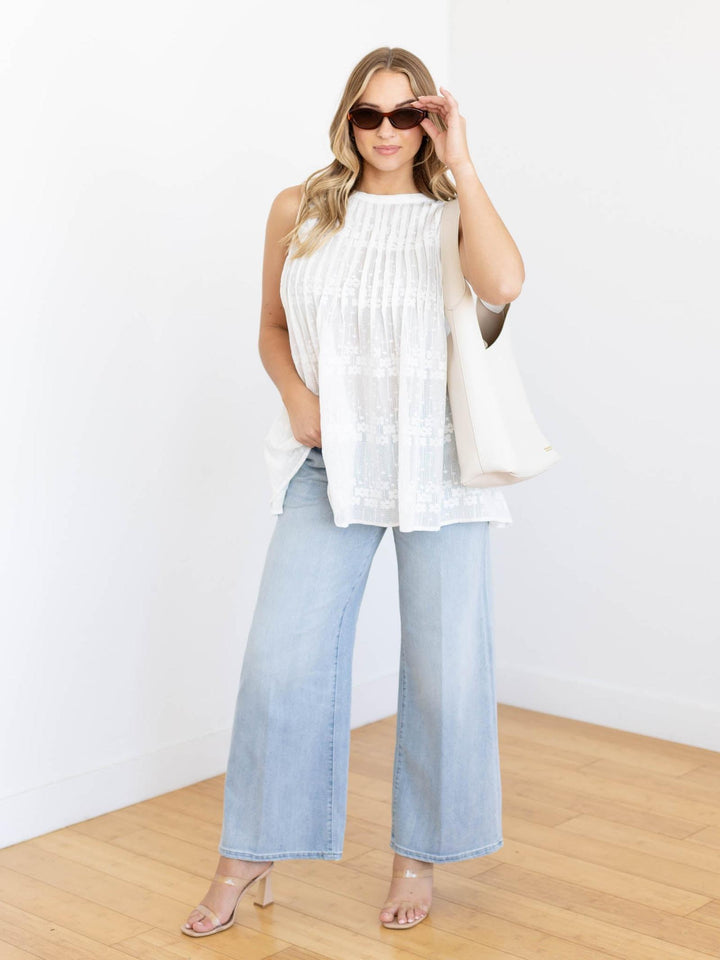 white pleated floral mesh tank