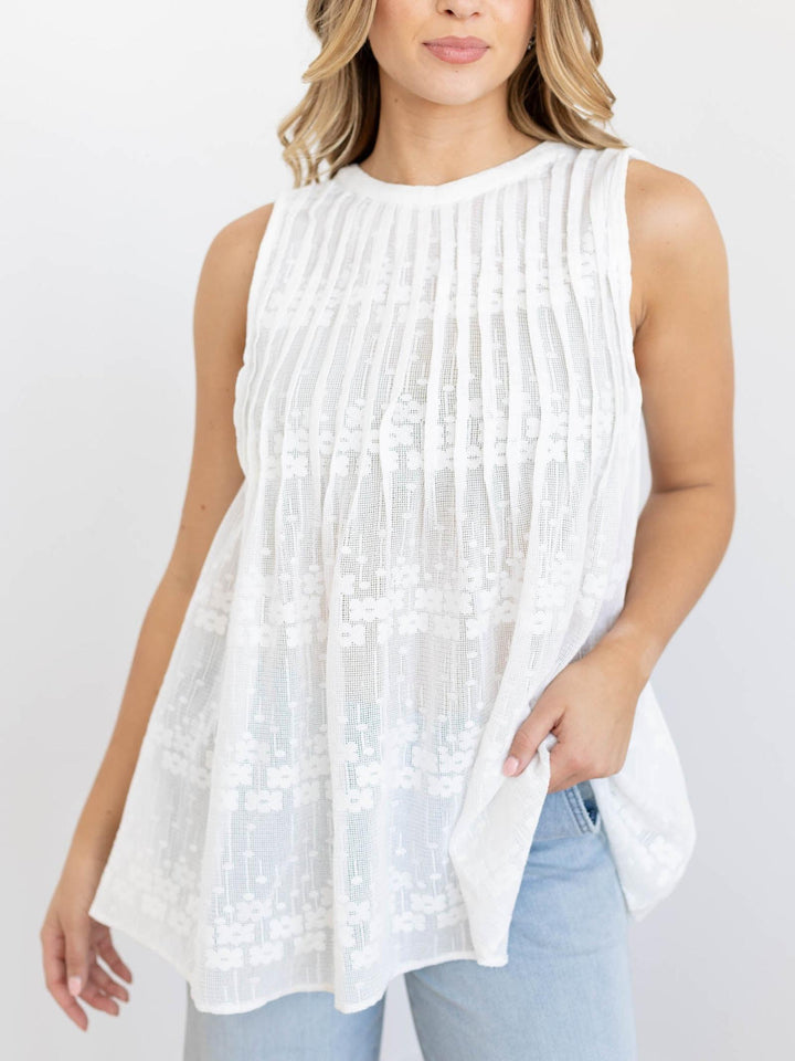 white pleated floral mesh tank