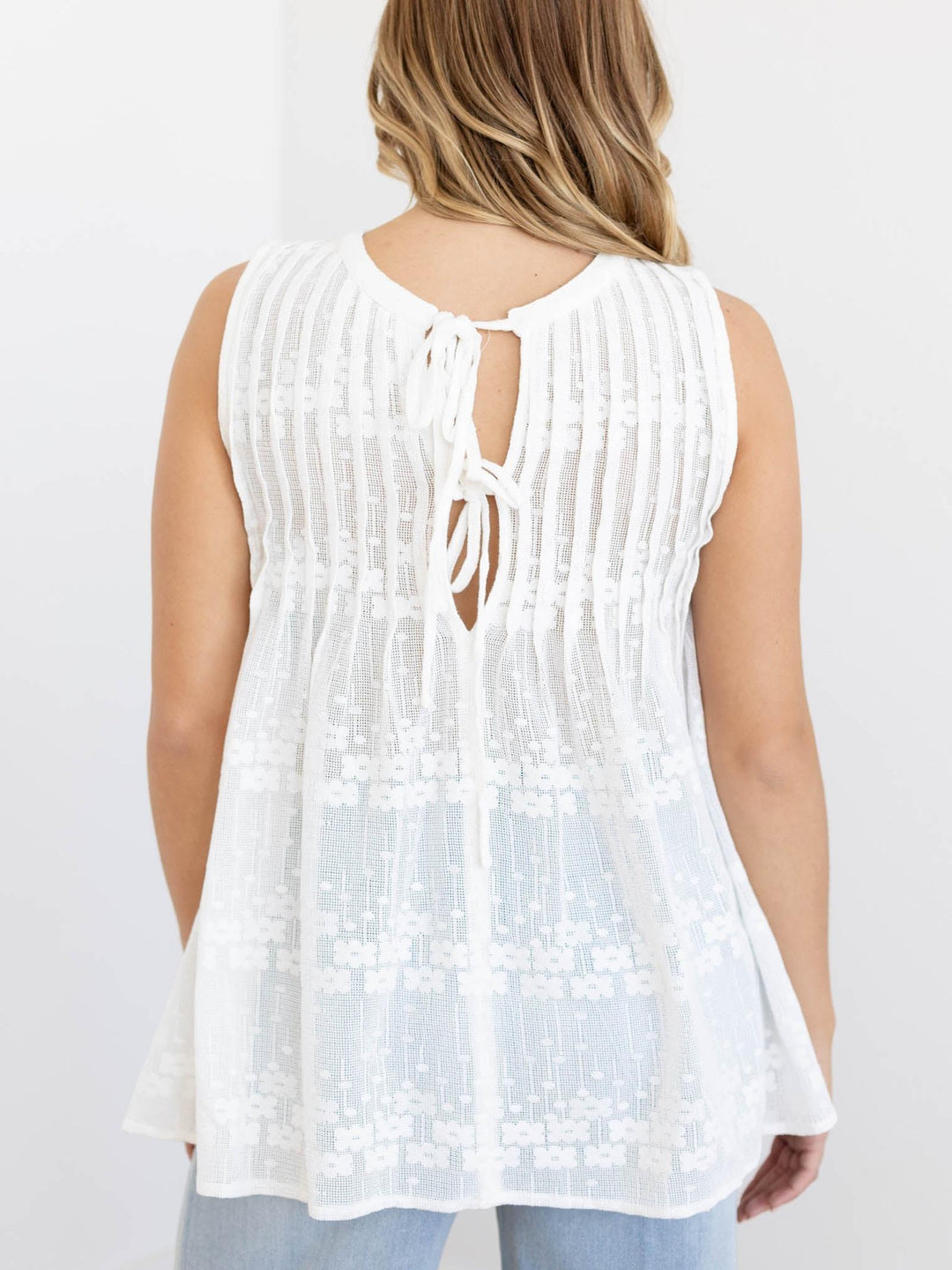 white pleated floral mesh tank