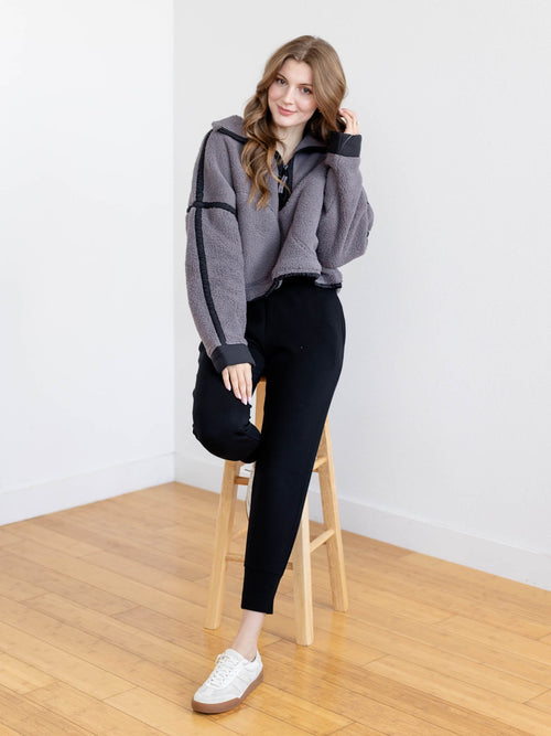 grey and black trim sherpa sweatshirt
