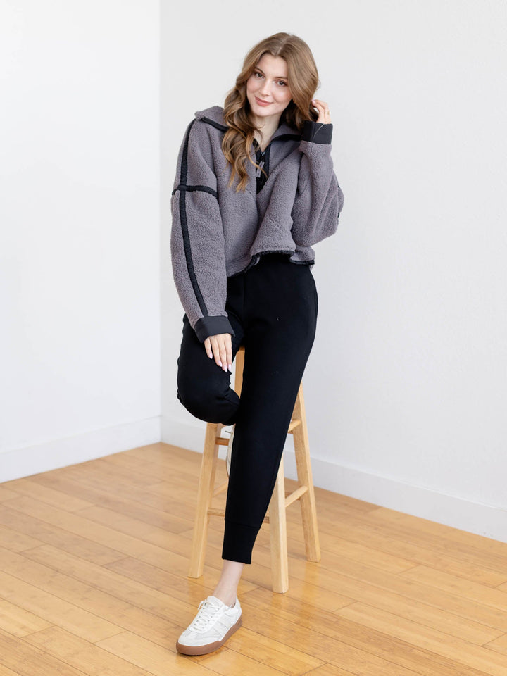 grey and black trim sherpa sweatshirt