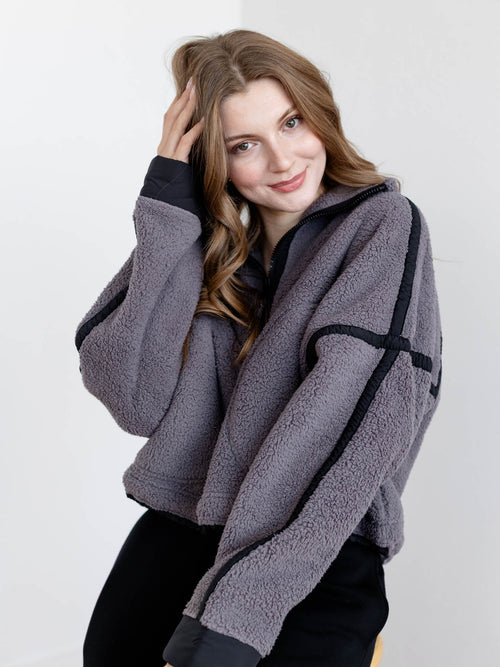 grey and black trim sherpa sweatshirt