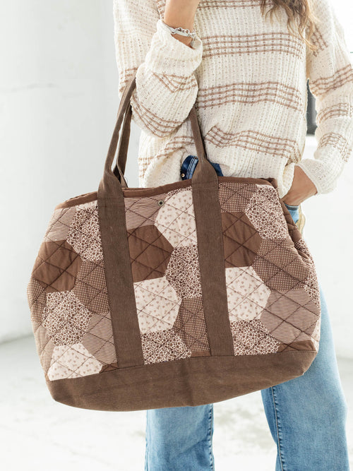 brown patchwork tote bag
