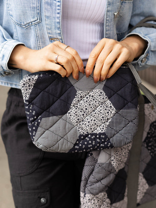 grey and blue patchwork quilt tote