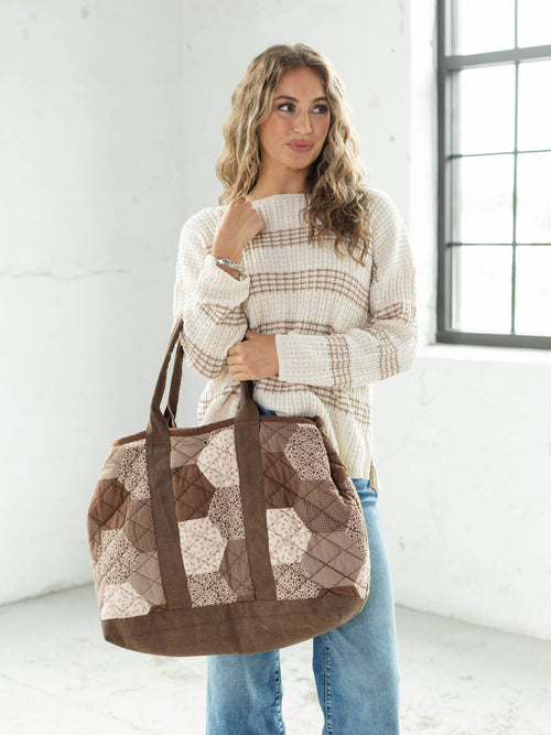 brown patchwork tote bag