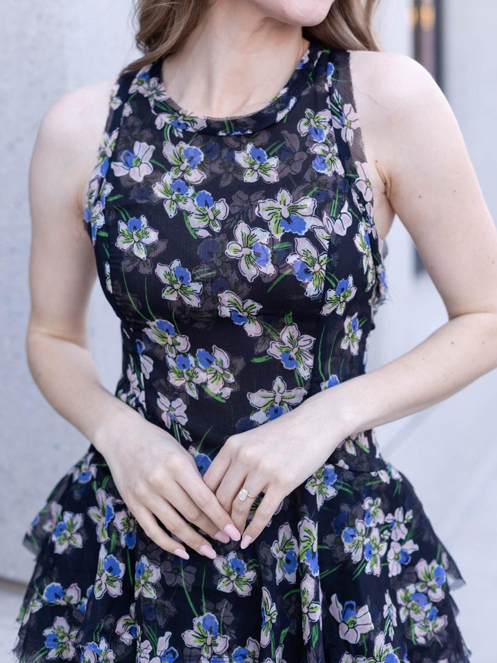 black floral ruffle mini dress