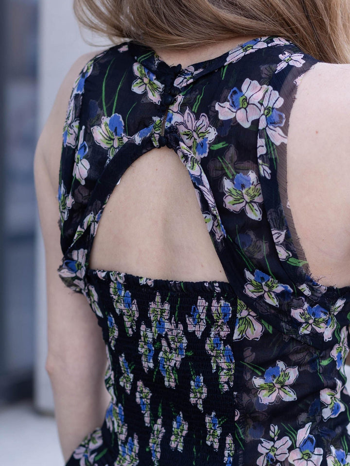 black floral ruffle mini dress