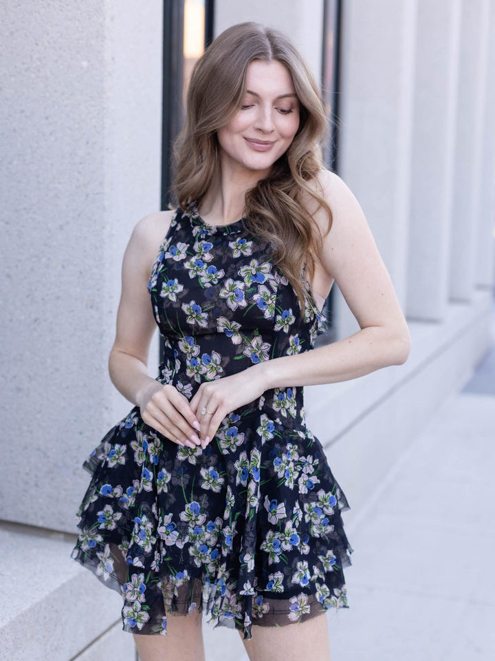 black floral ruffle mini dress