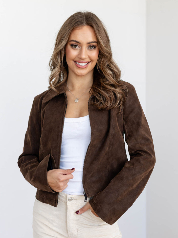 softly structured brown zip front jacket