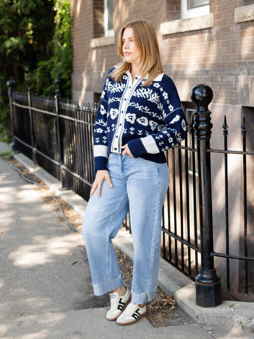 navy printed cardigan