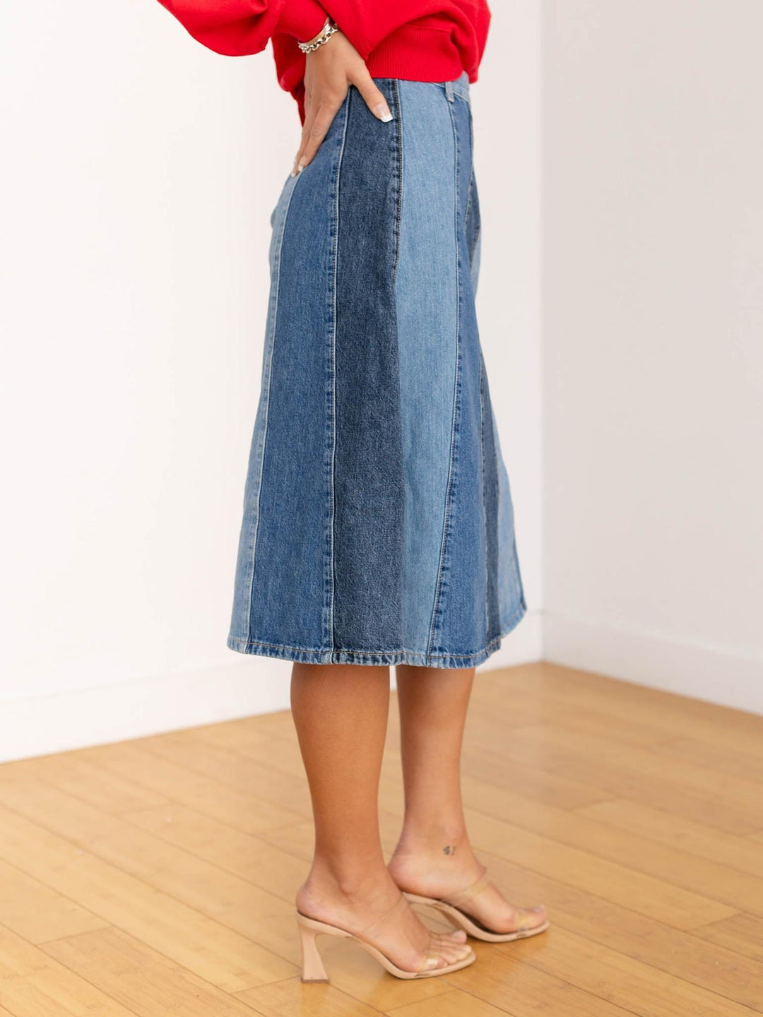 patchwork washed denim midi skirt