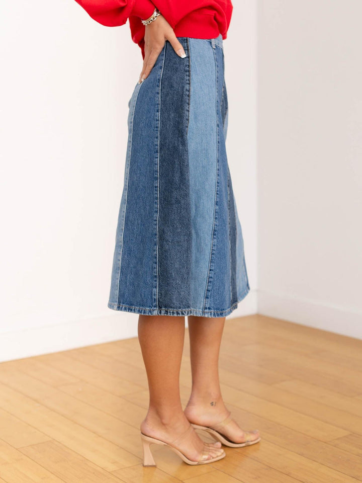 patchwork washed denim midi skirt