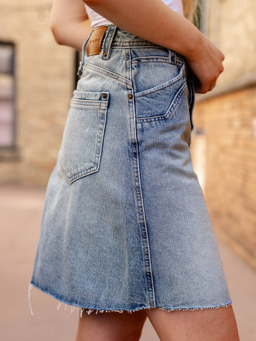 frayed raw hemline mid length skirt