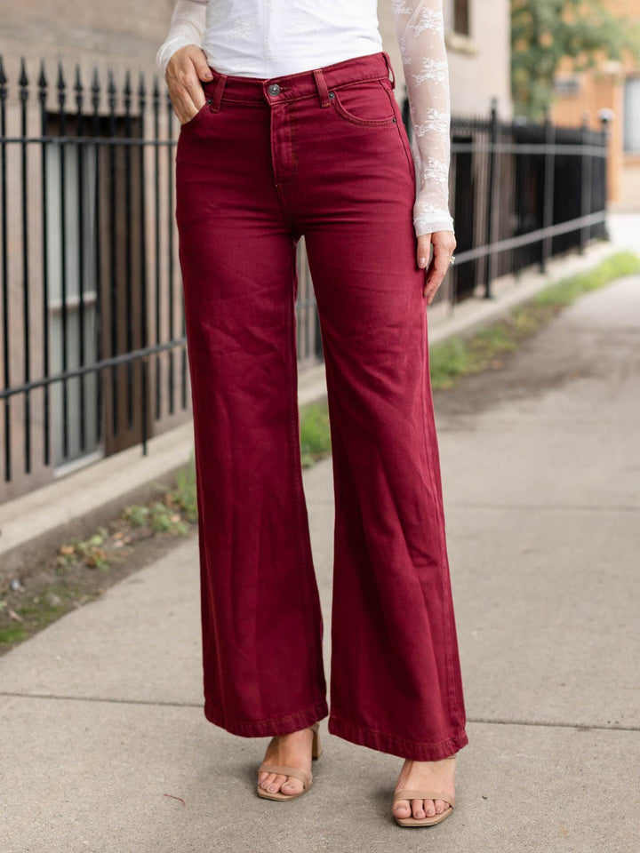 burgundy flared colored denim